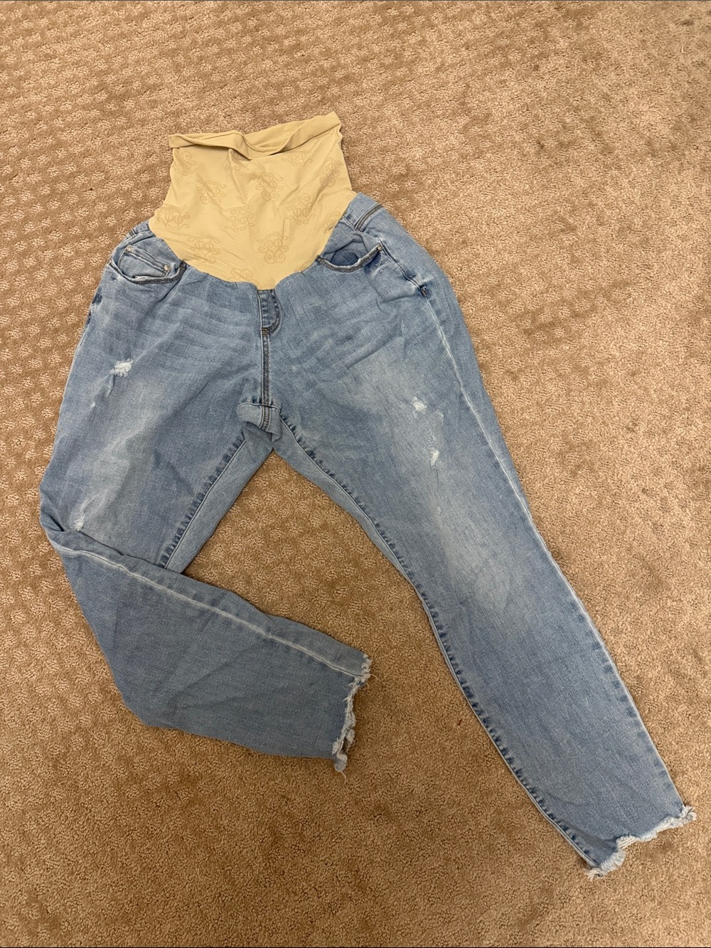 Jessica Simpson Light Blue Distressed Boyfriend Maternity Jeans with Beige Panel